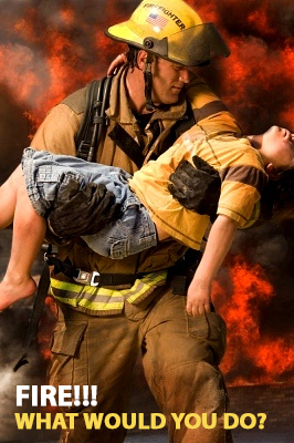 Firefighter rescuing a child from flames